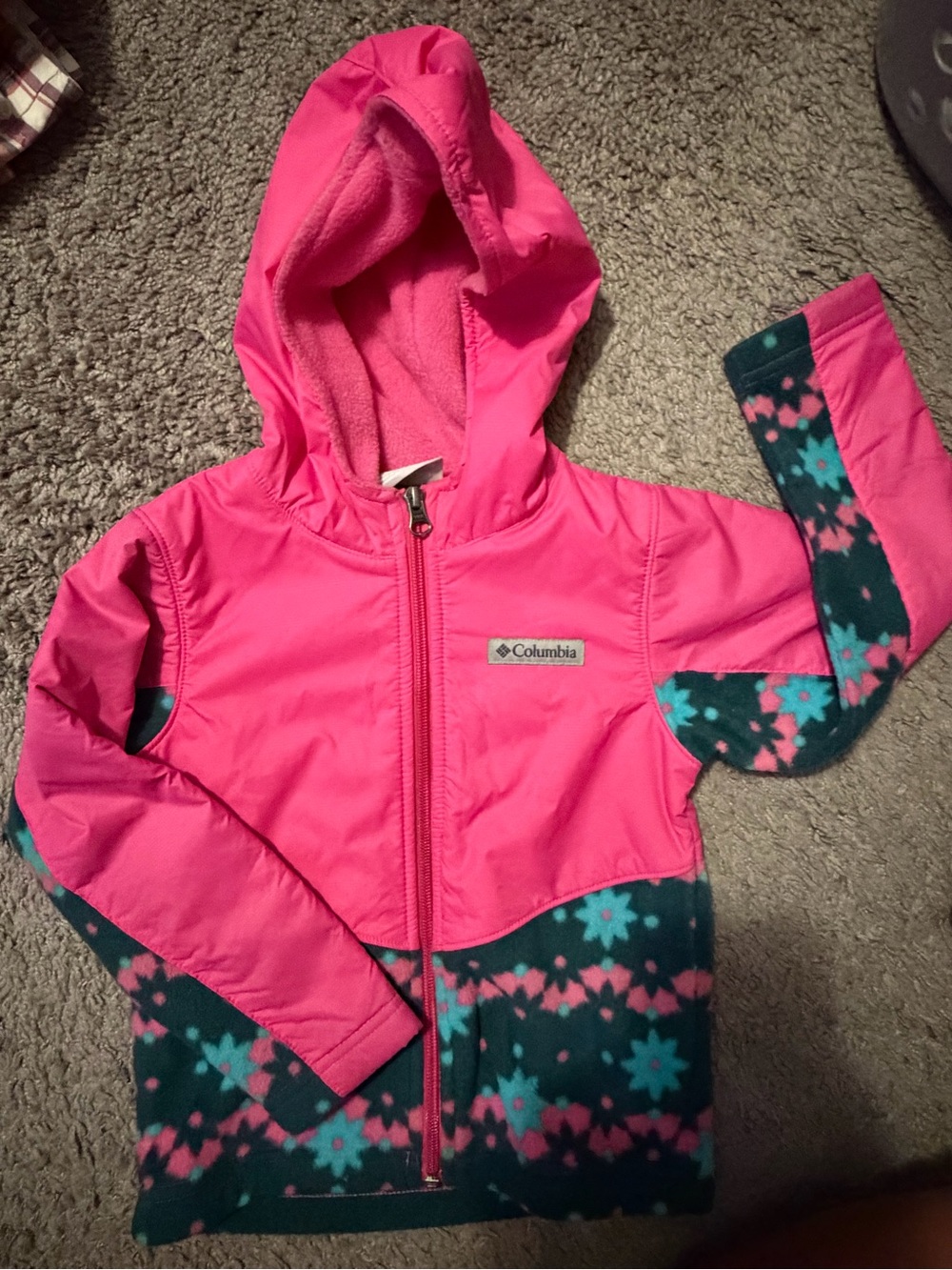 Columbia Pink Hooded Jacket with Teal Patterned Fleece